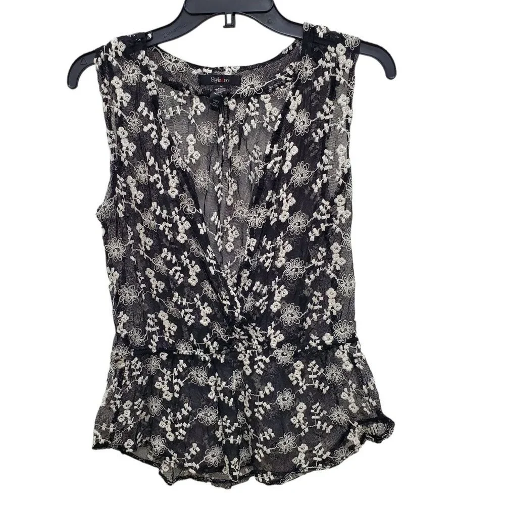 Style & Co Women's Sheer Black White Mesh Embroidered Deep V Tank Blouse Size M
